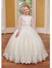 Long Sleeves Beaded Ivory Lace Tulle Corset Back Flower Girl Dress